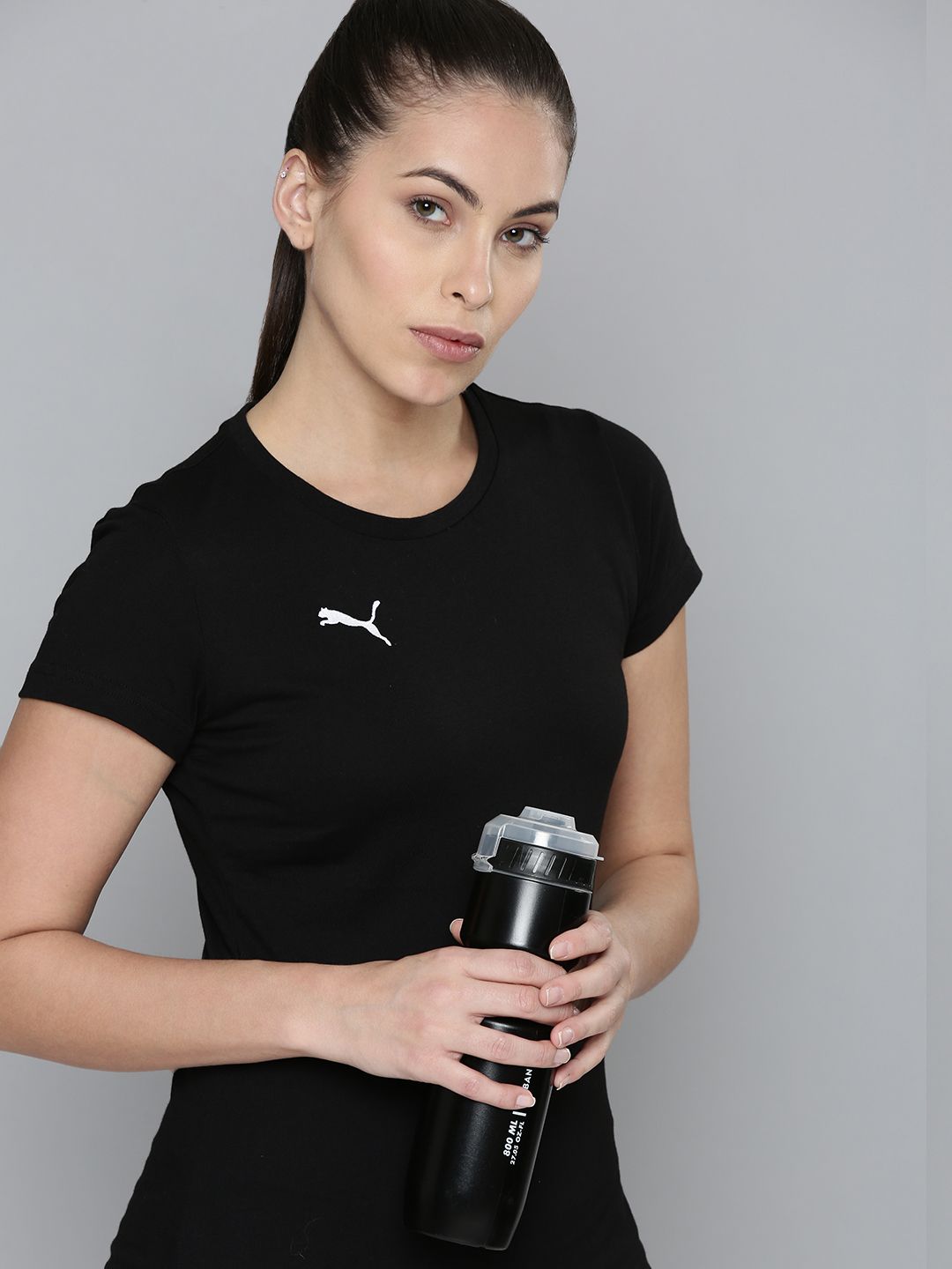 Puma Women Black Solid Pure Cotton Football T-shirt Price in India