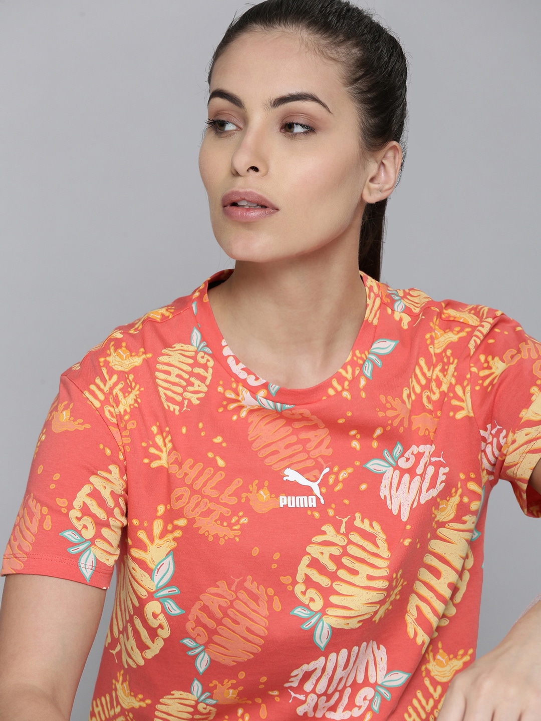 Puma Women Peach-Coloured & Yellow Typography Printed T-shirt Price in India