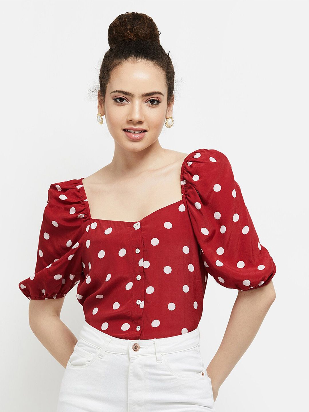 max Red & White Polka Dots Print Crop Top Price in India