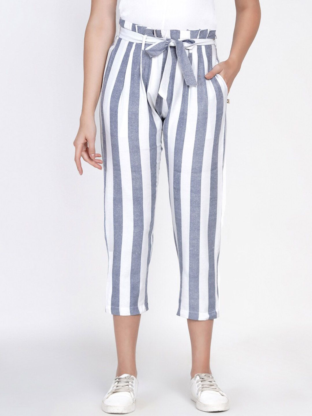 FABNEST Women Blue Striped Relaxed Straight Leg Trousers Price in India