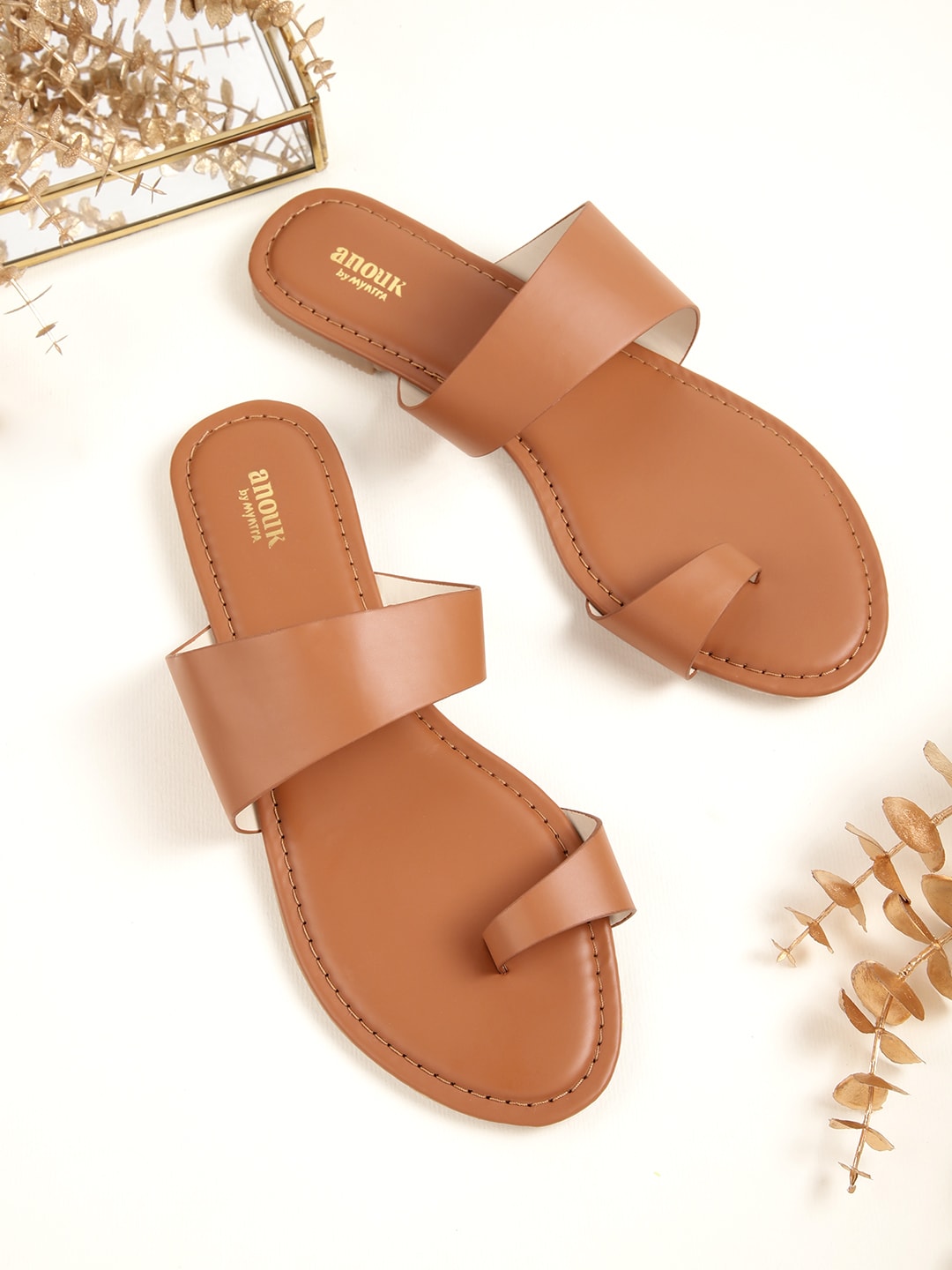 Anouk Women Tan Brown Solid One Toe Flats Price in India
