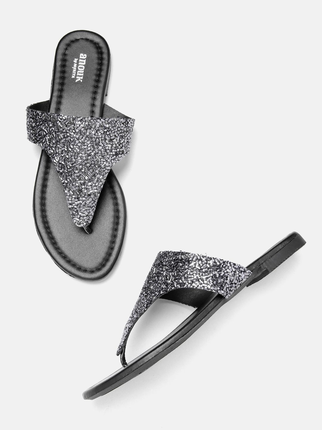 Anouk Women Gunmetal-Toned Embellished Handcrafted T-Strap Flats Price in India