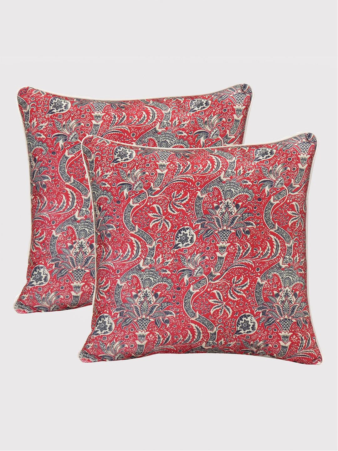 OUSSUM Red & Grey Set of 2 Floral Velvet Square Cushion Covers Price in India