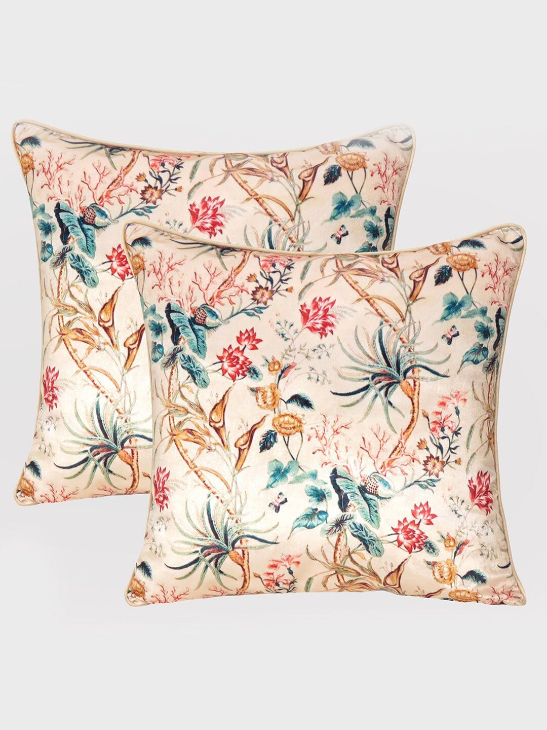 OUSSUM Pack Of 2 Beige & Blue Floral Velvet Square Cushion Covers Price in India