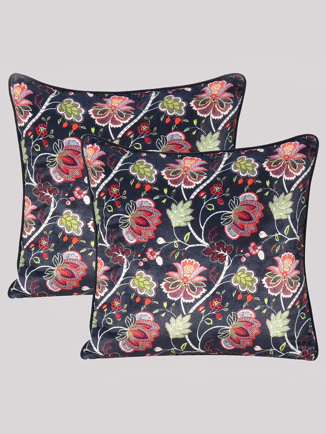 OUSSUM Black & Green Set of 2 Floral Velvet Square Cushion Covers Price in India
