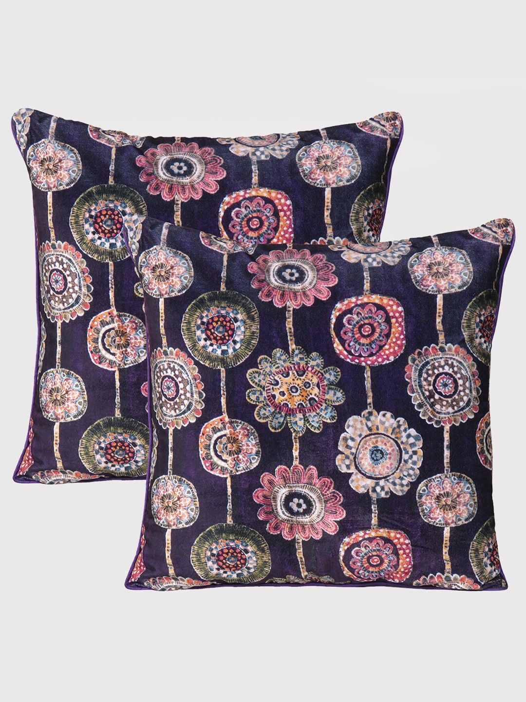 OUSSUM Purple & Pink Set of 2 Floral Velvet Square Cushion Covers Price in India