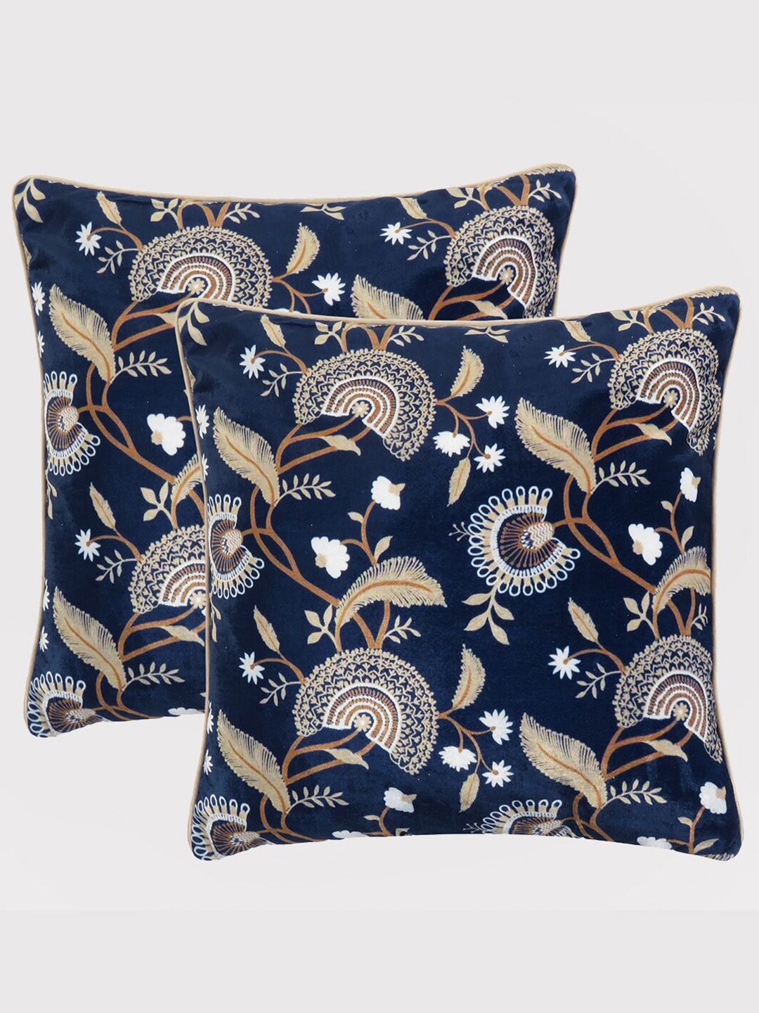 OUSSUM Blue & White Set of 2 Floral Velvet Square Cushion Covers Price in India