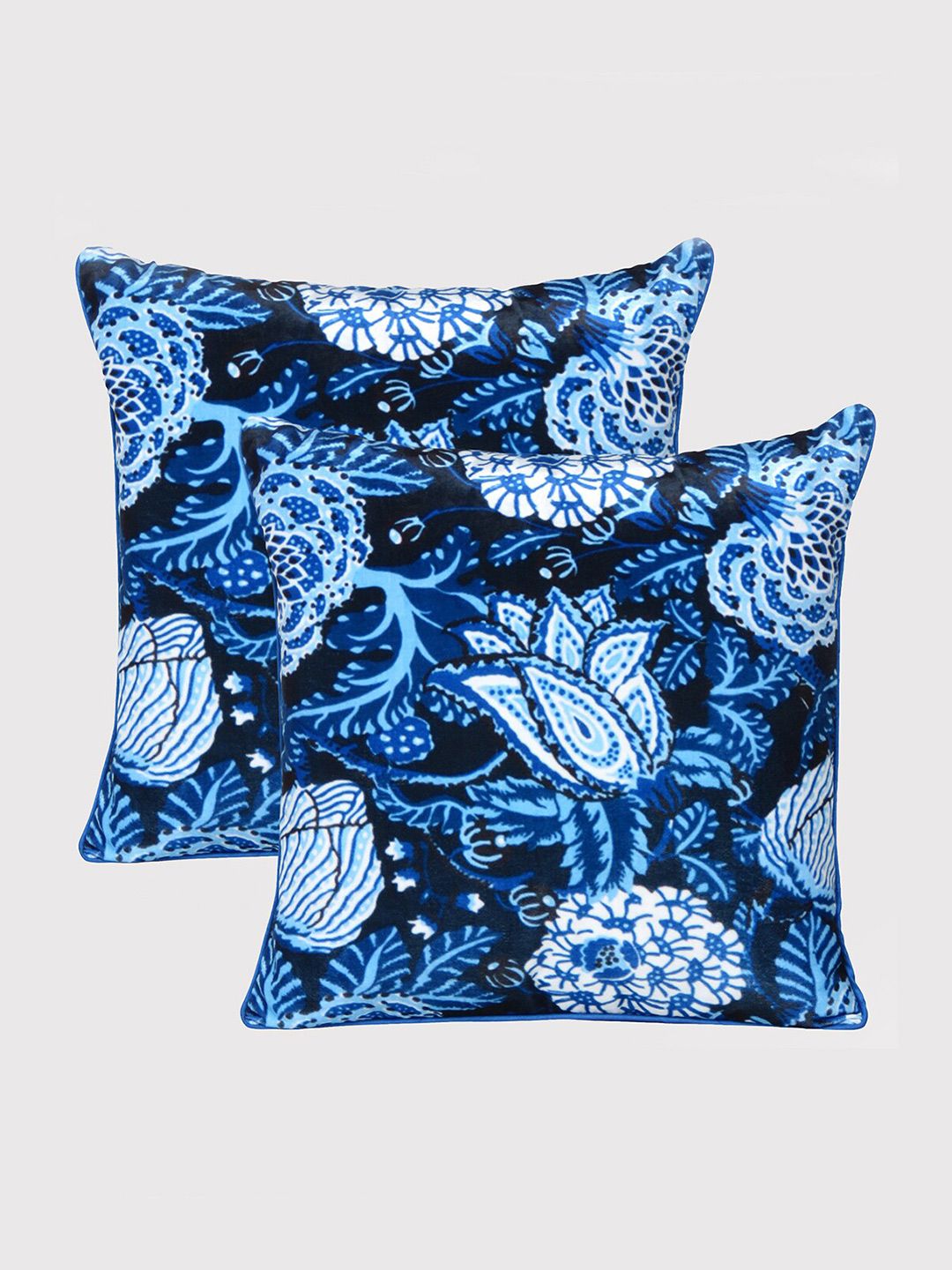 OUSSUM Blue & White Set of 2 Floral Velvet Square Cushion Covers Price in India