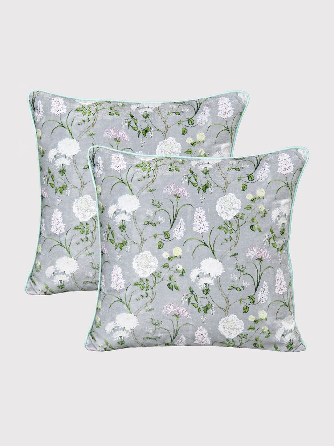 OUSSUM Grey & White Set of 2 Floral Velvet Square Cushion Covers Price in India