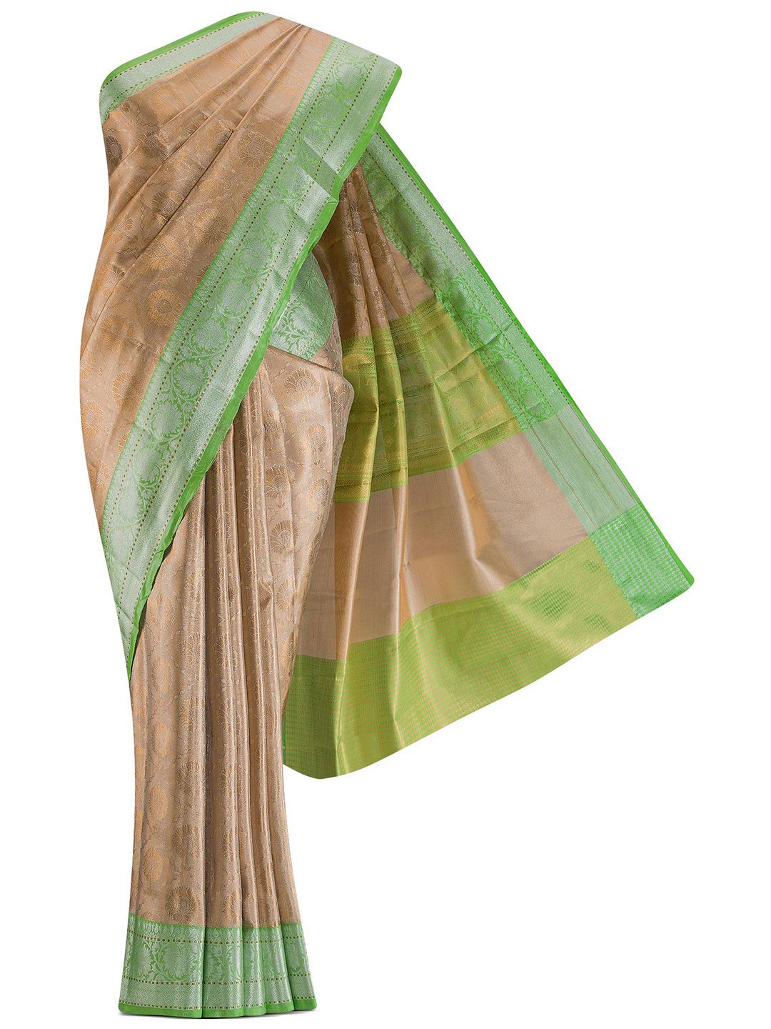 Nalli Next Golden & Green Ethnic Motifs Art Silk Saree Price in India