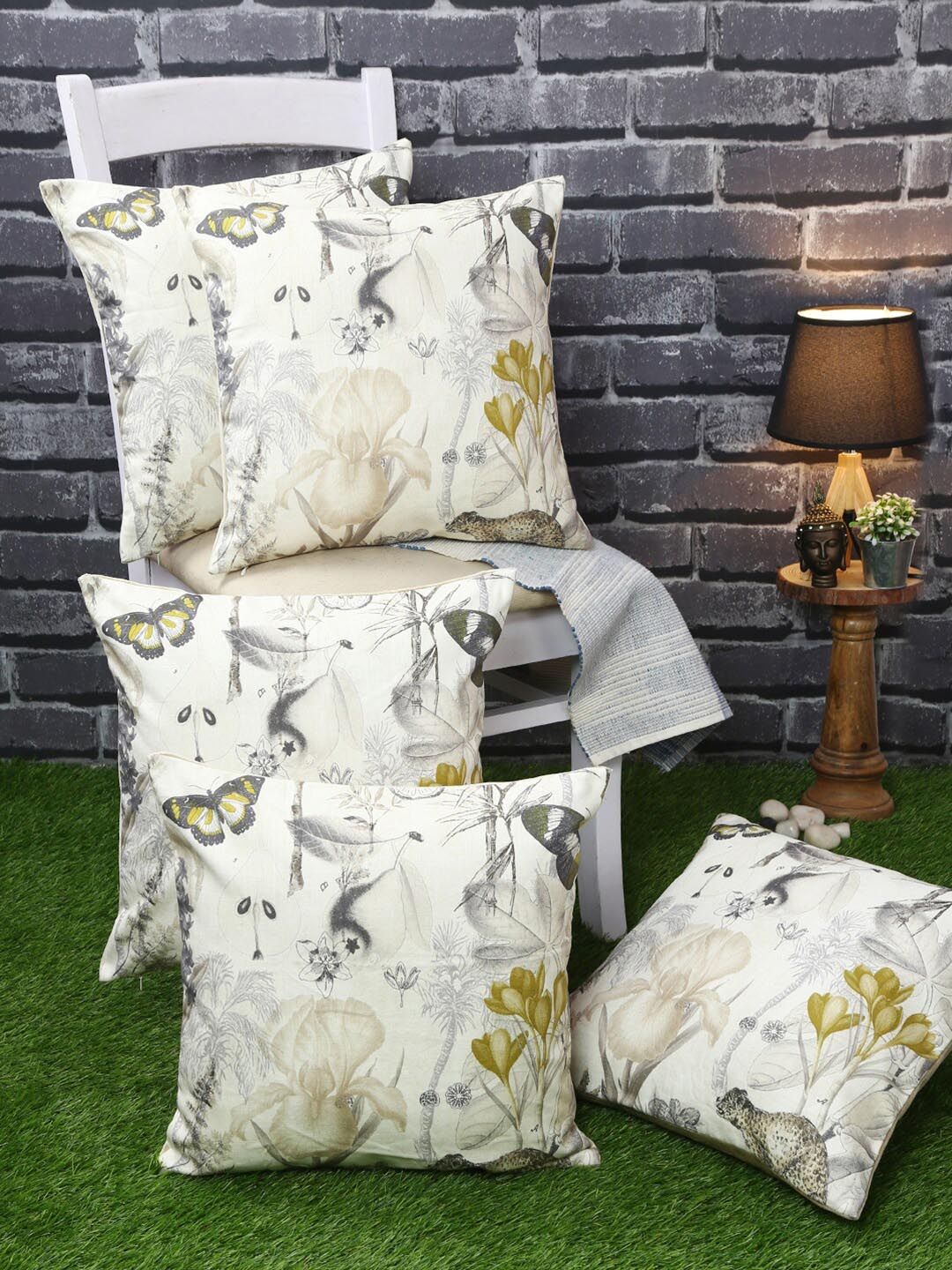 Just Home Grey & Green Set of 5 Floral Square Cushion Covers Price in India