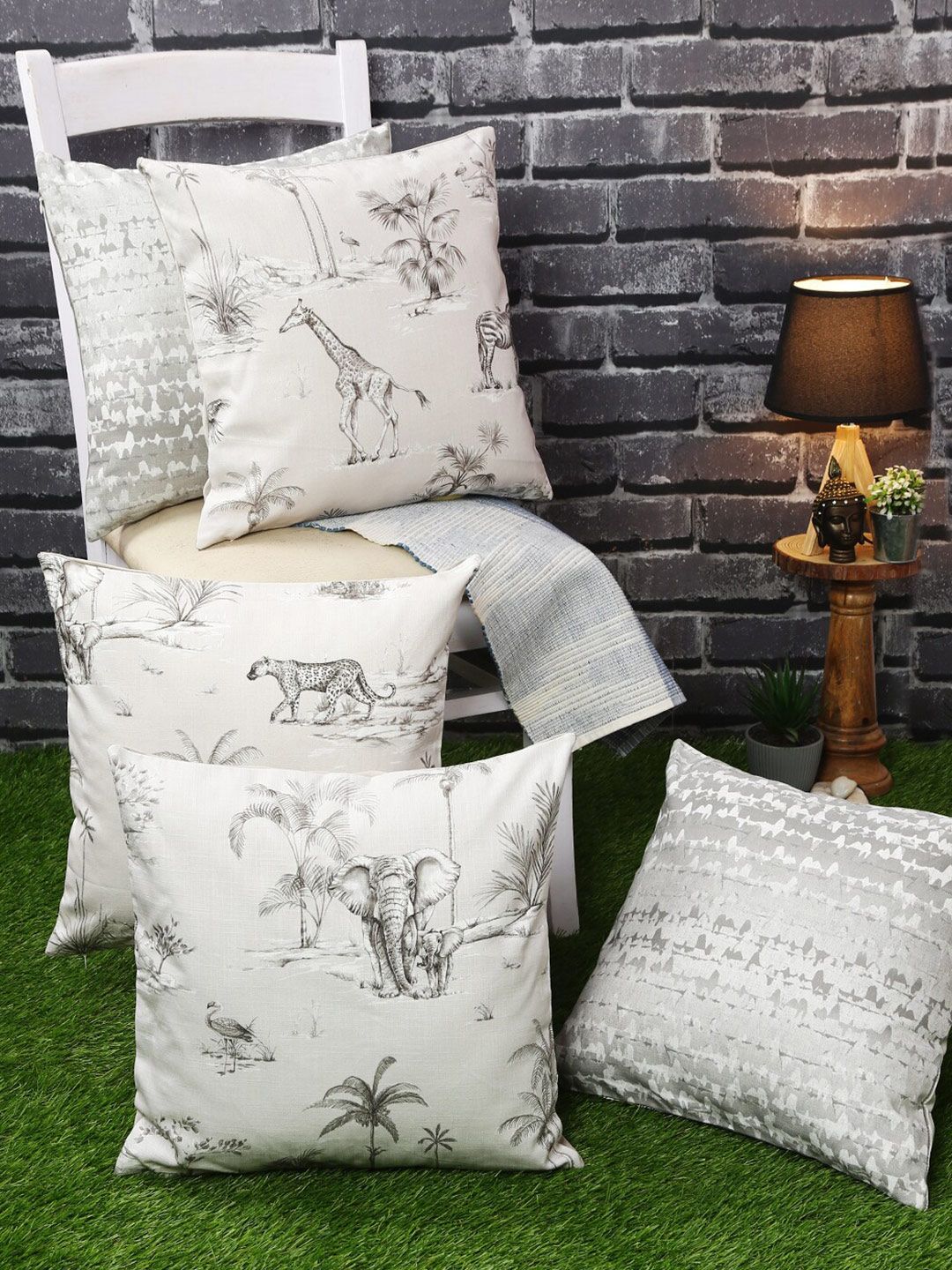 Just Home Grey & White Set of 5 Floral Square Cushion Covers Price in India