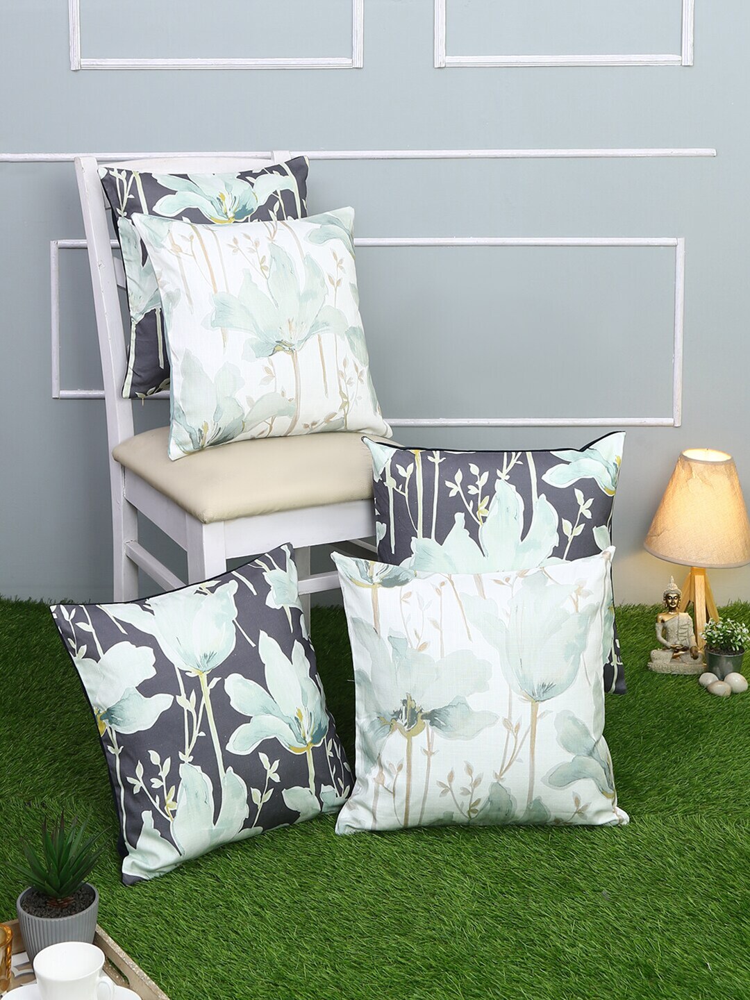 Just Home White & Black Set of 5 Floral Square Cushion Covers Price in India