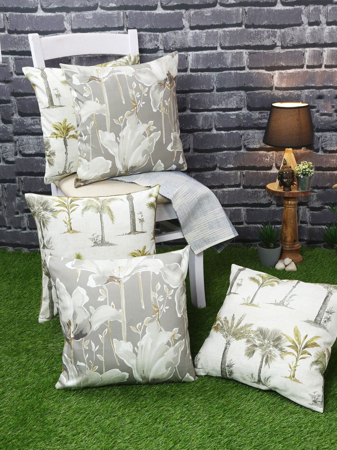 Just Home Olive Green & Grey Set of 5 Floral Square Cushion Covers Price in India
