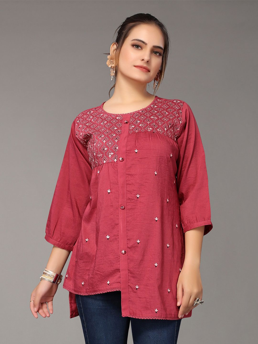 Nimayaa Women Pink Floral Embellished Embroidered Top Price in India