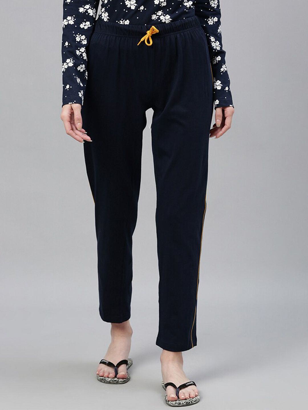 Kryptic Women Navy Blue Solid Pure Cotton Lounge Pants Price in India