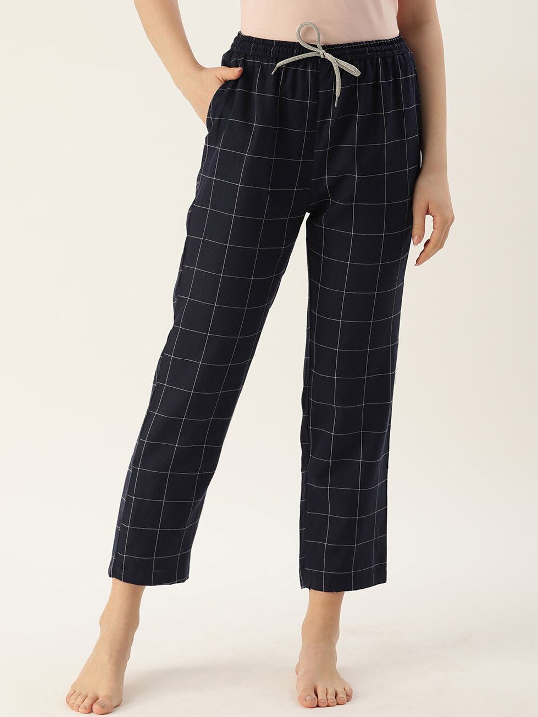 Kryptic Women Navy Blue & White Checked Lounge Pants Price in India