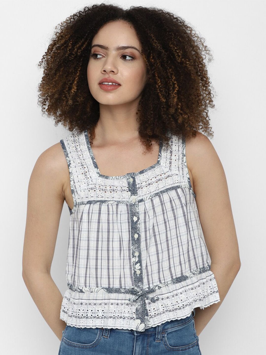 AMERICAN EAGLE OUTFITTERS Blue Striped Pure Cotton Top Price in India