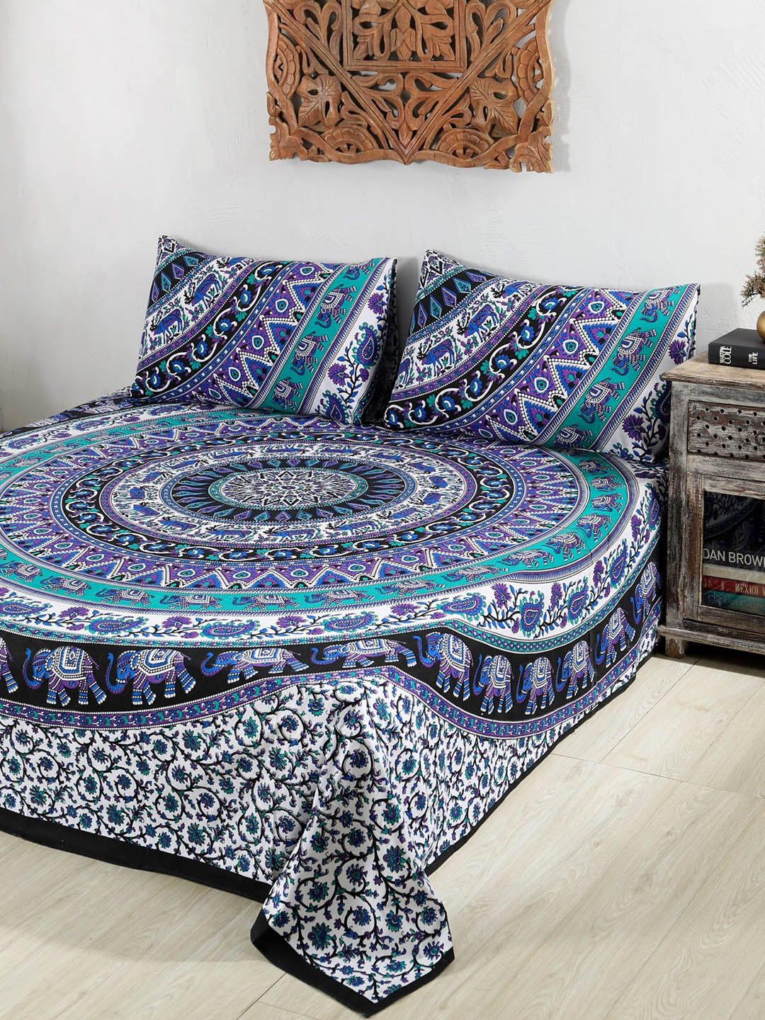 HANDICRAFT PALACE Purple & White Geometric Cotton Queen Bedsheet with 2 Pillow Covers Price in India