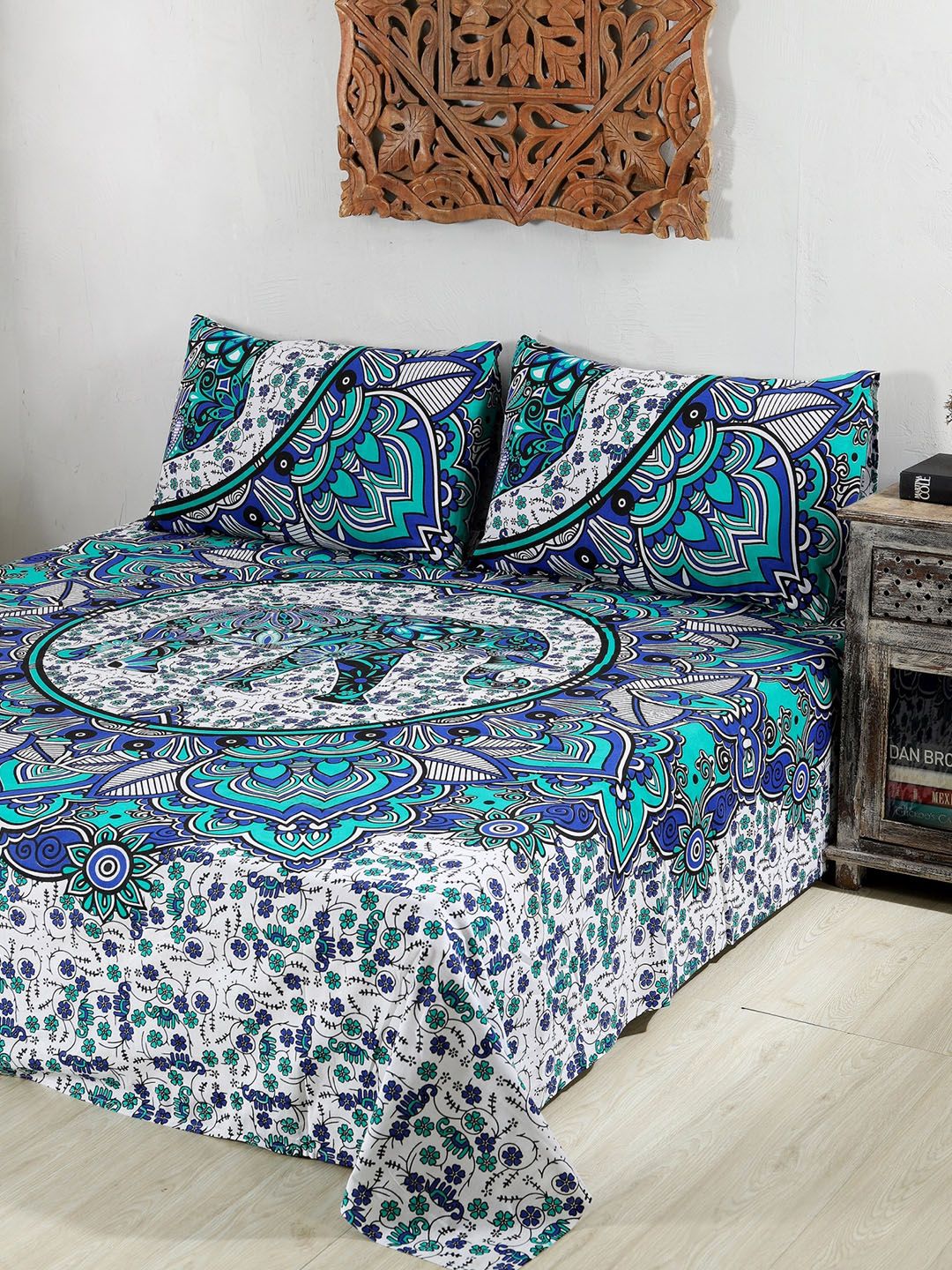 HANDICRAFT PALACE White & Blue Ethnic Motifs 144 TC Queen Bedsheet with 2 Pillow Covers Price in India