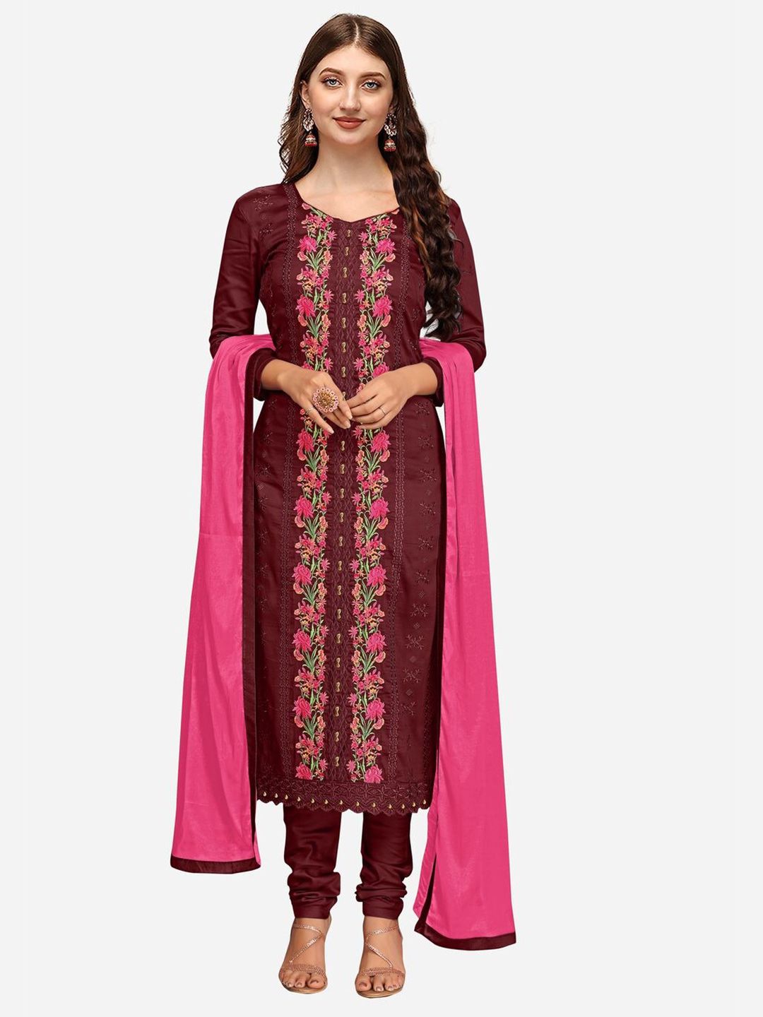 Nivah Fashion Women Maroon & Pink Embroidered Unstitched Dress Material Price in India