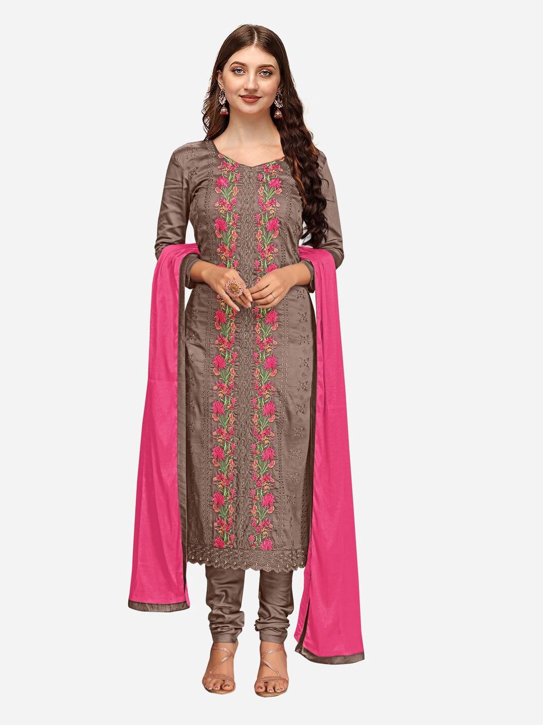 Nivah Fashion Coffee Brown & Pink Unstitched Dress Material Price in India