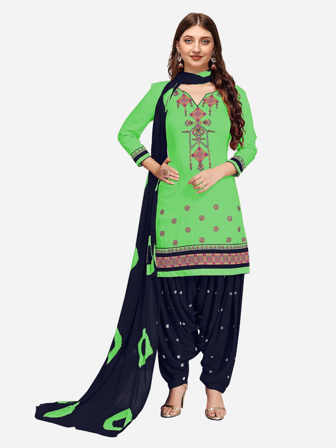 Nivah Fashion Green & Navy Blue Printed Unstitched Dress Material Price in India