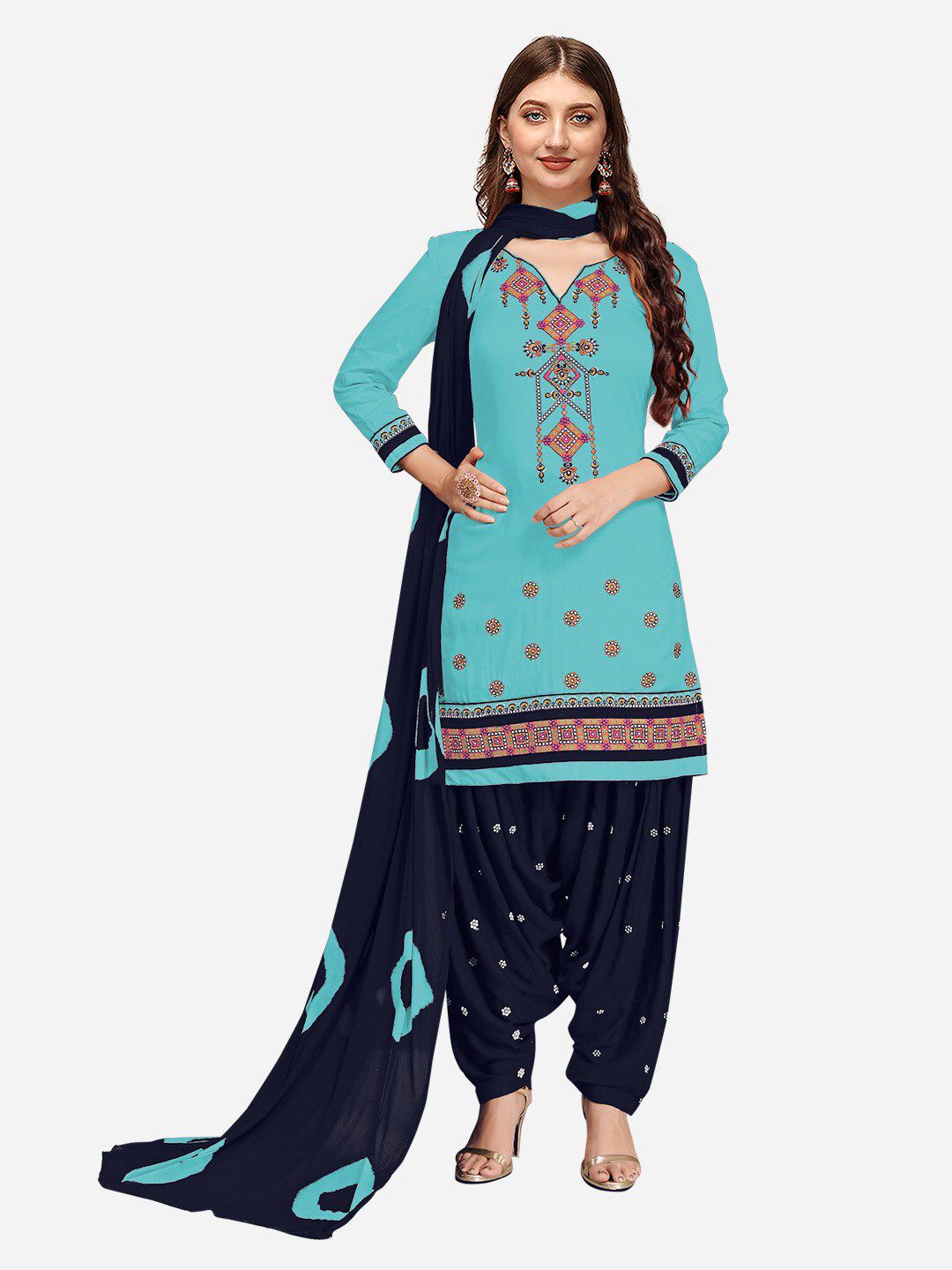 Nivah Fashion Turquoise Blue & Pink Unstitched Dress Material Price in India