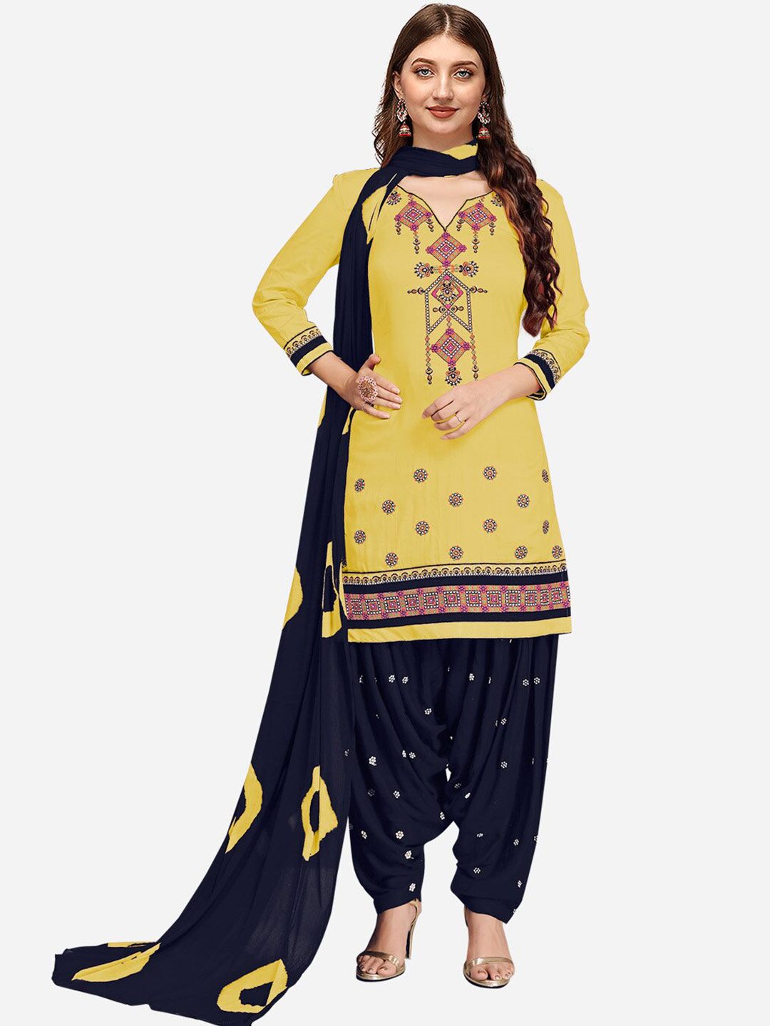 Nivah Fashion Yellow & Blue Unstitched Dress Material Price in India