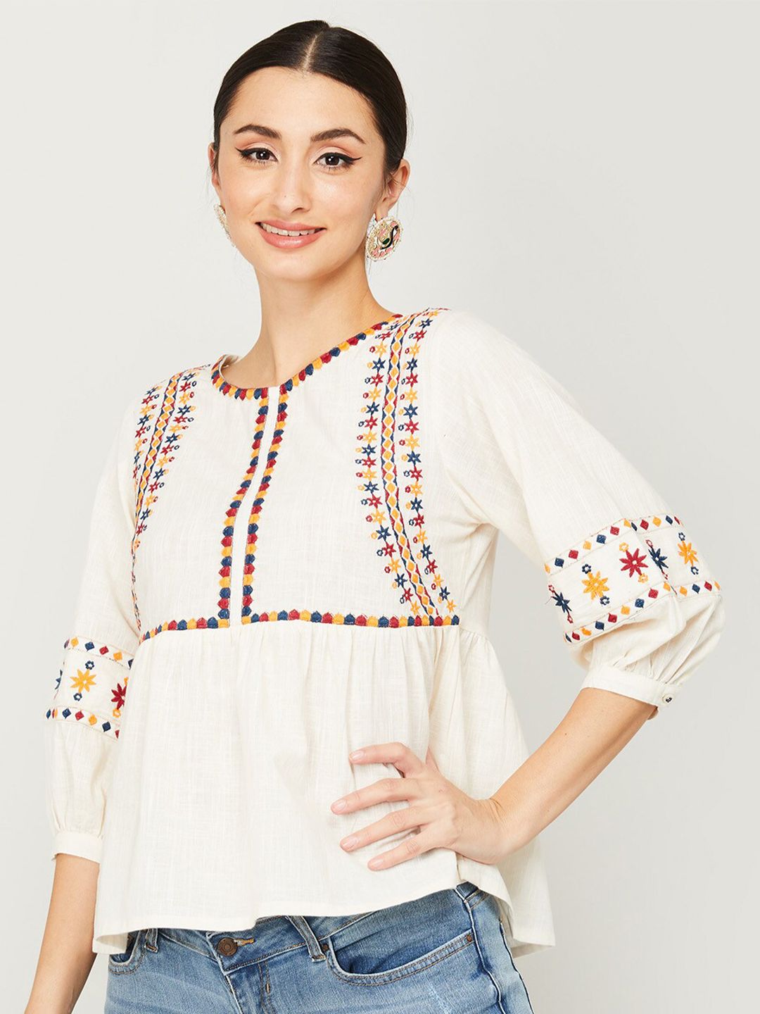 Colour Me by Melange Women Off White Embroidered  Pure Cotton Thread Work Kurti Price in India