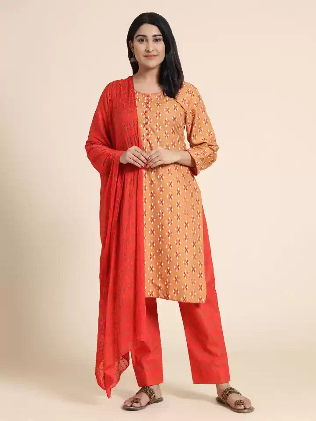 KALINI Women Orange & White Printed Unstitched Dress Material Price in India