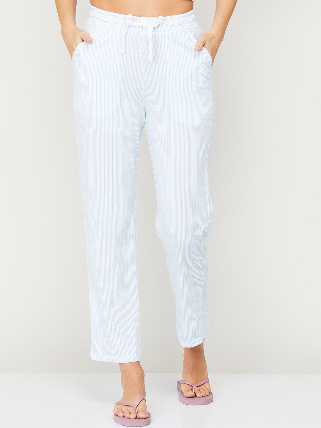 Ginger by Lifestyle Women White & Blue Striped Cotton Lounge Pants Price in India