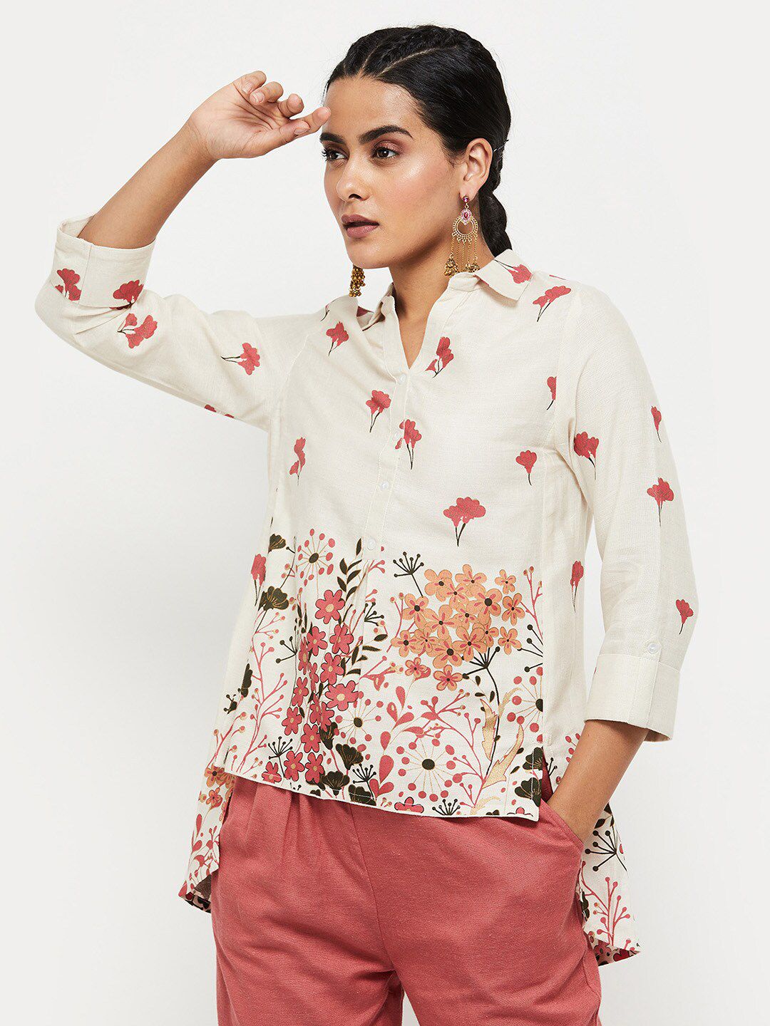 max Women Beige & Peach  Floral Print Shirt Style Top Price in India