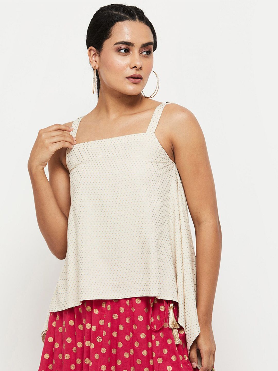 max Beige & Gold-Toned Polka Dots Printed A-Line Top Price in India