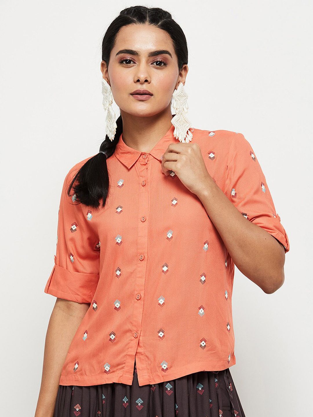 max Pink Embellished Shirt Style Top Price in India