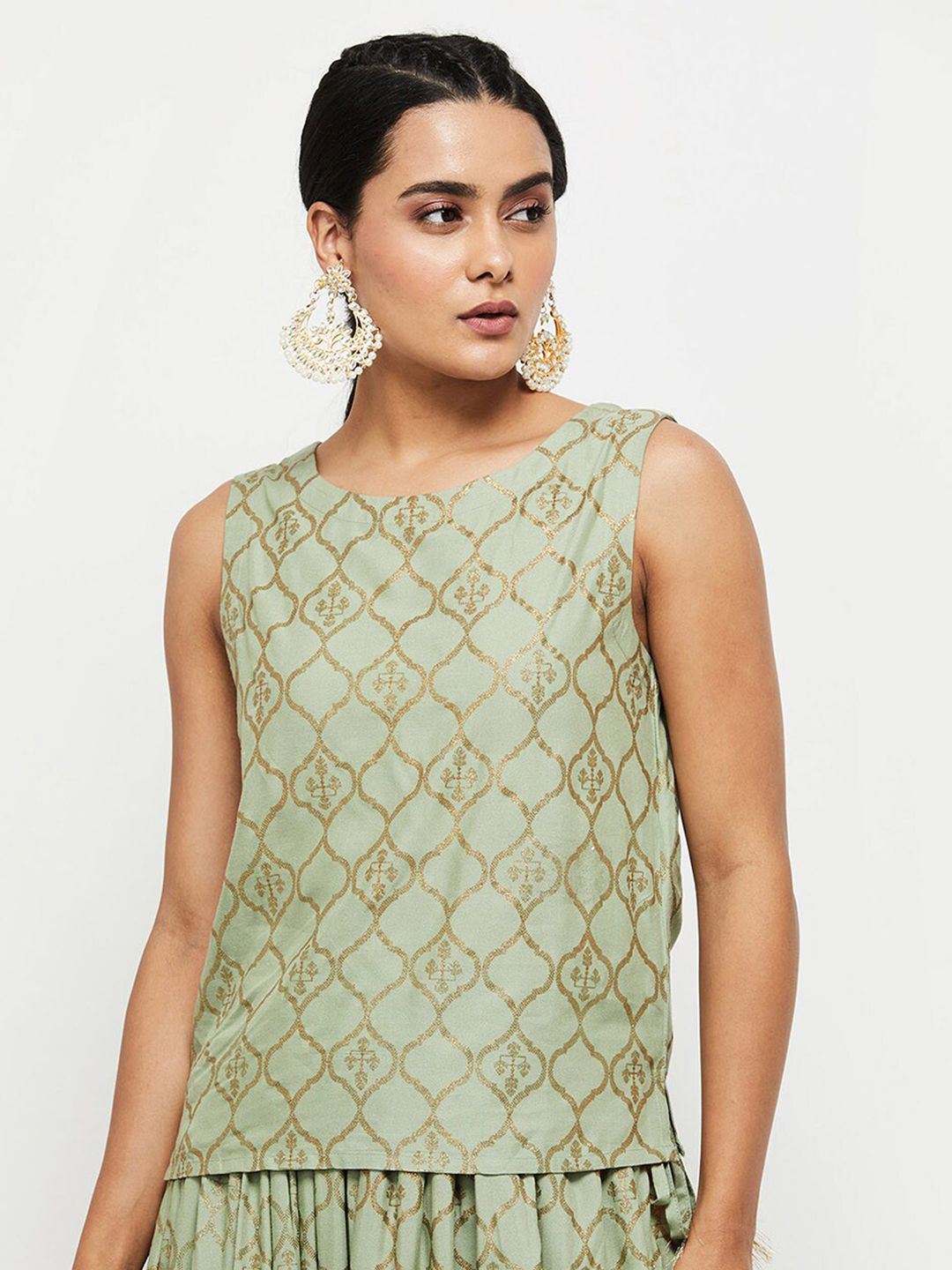max Women Green & Gold Toned Geometric Print Sleeveless Top Price in India