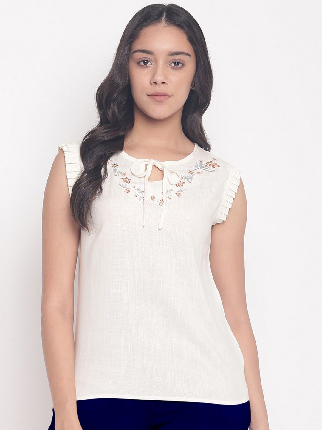 Miss Grace Women Off White Tie-Up Neck Top Price in India