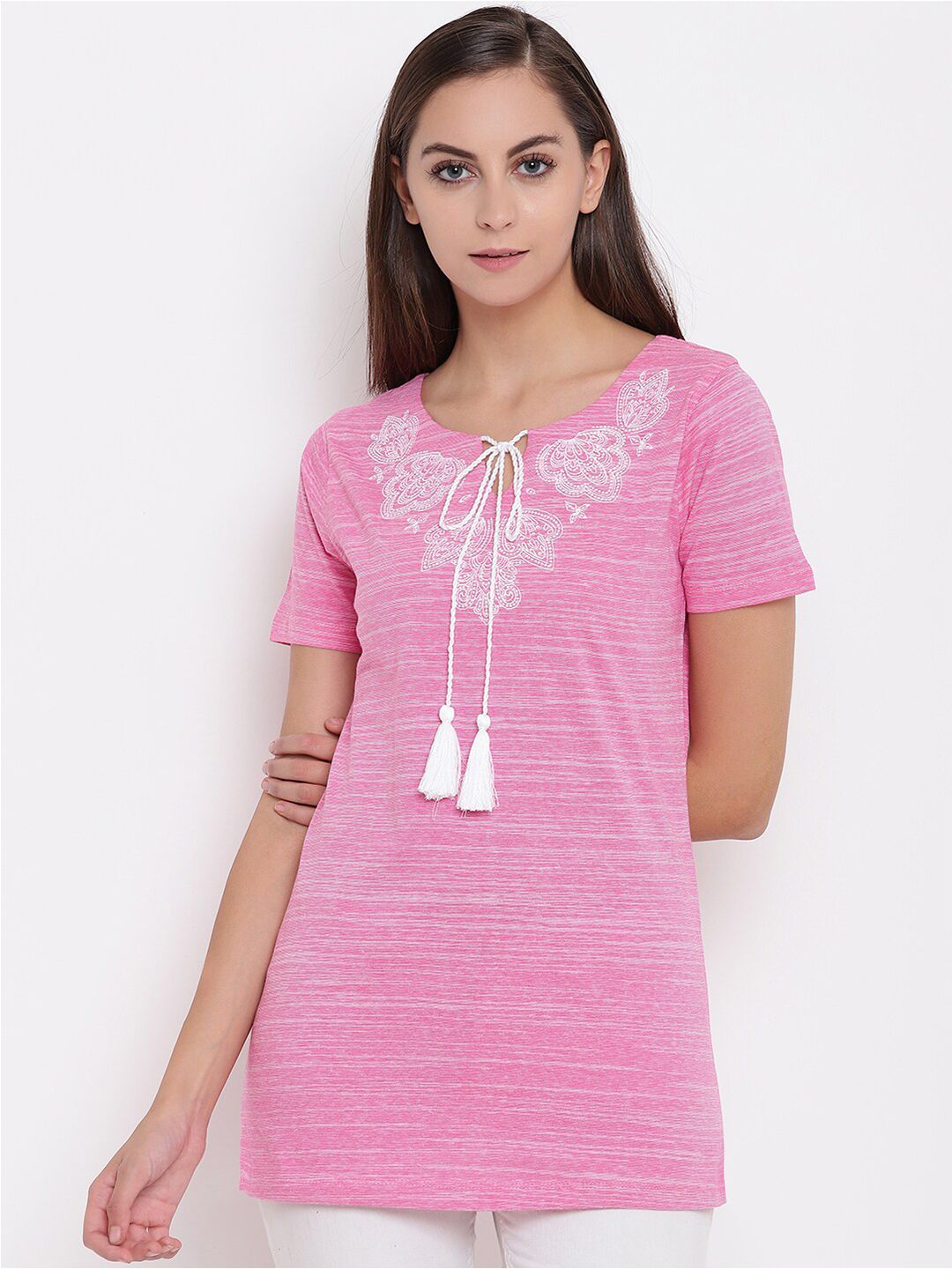 Miss Grace Pink Embellished Tie-Up Neck Longline Top Price in India