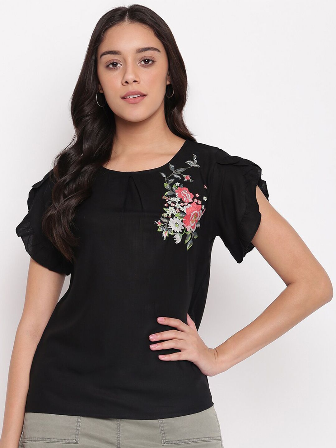 Miss Grace Black Floral Embroidered Top Price in India