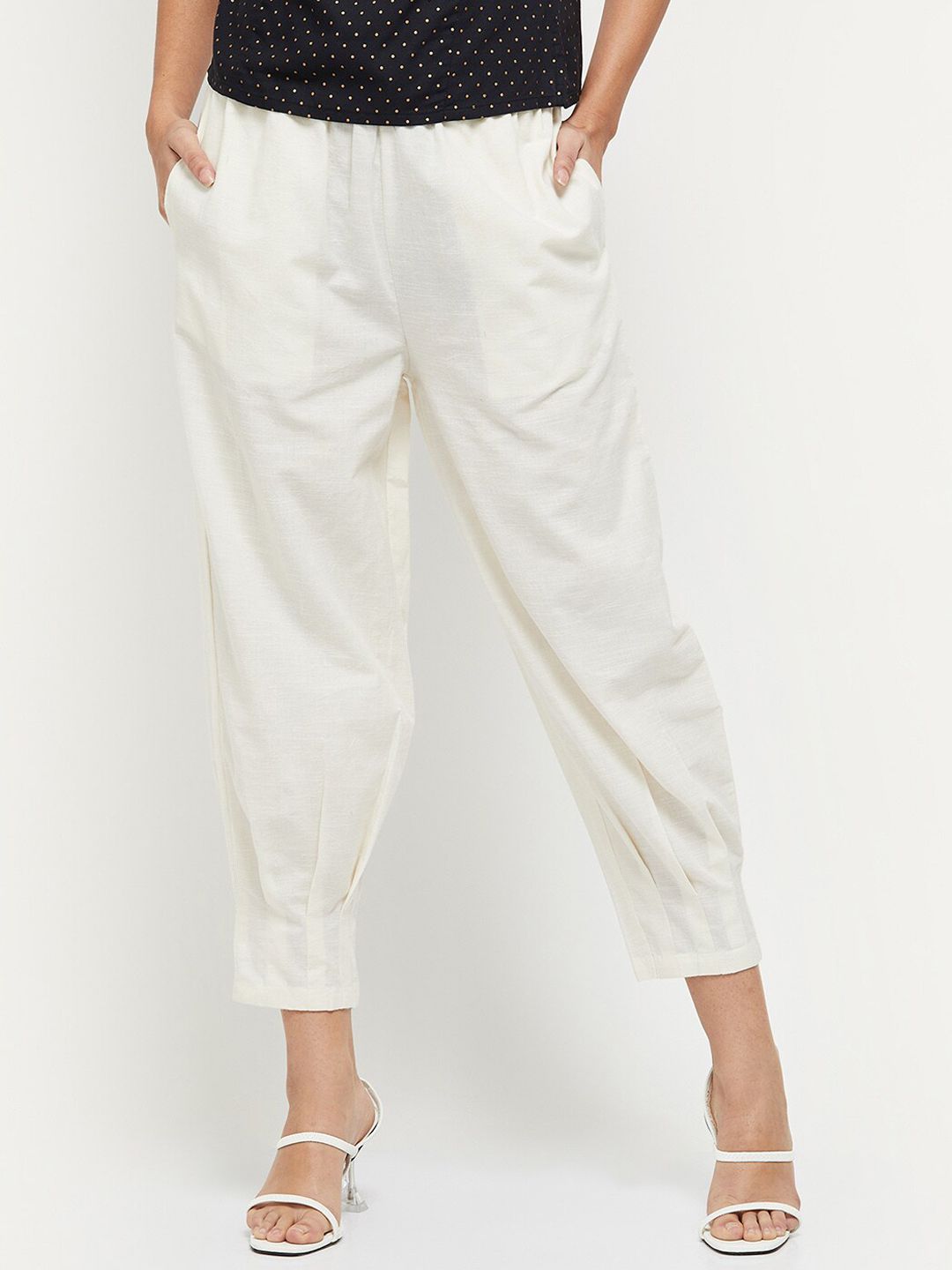 max Women Off White Tapered Fit Trousers Price in India