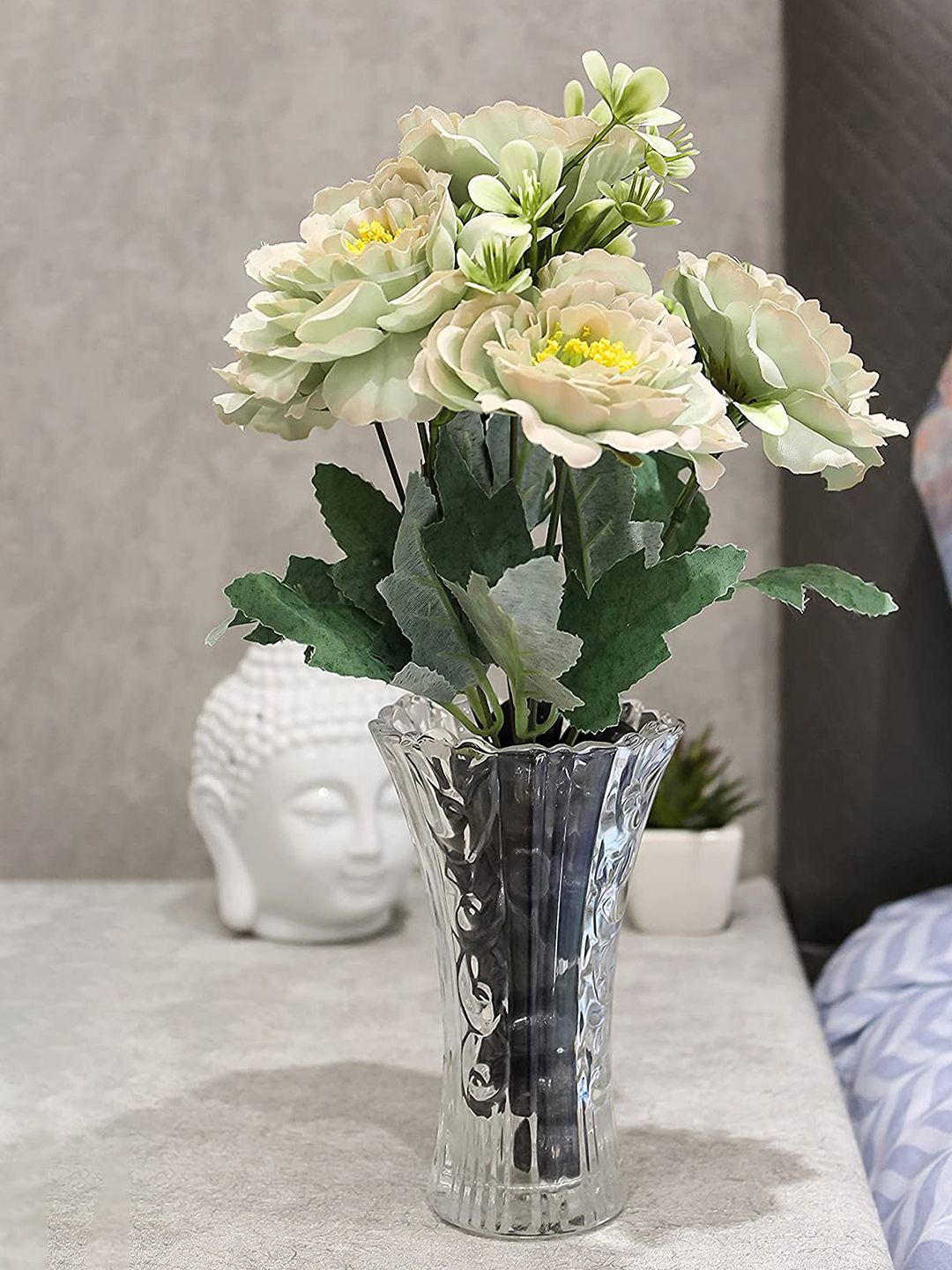 PolliNation Grey & Green Faux Peony Artificial Flower Bunch Price in India