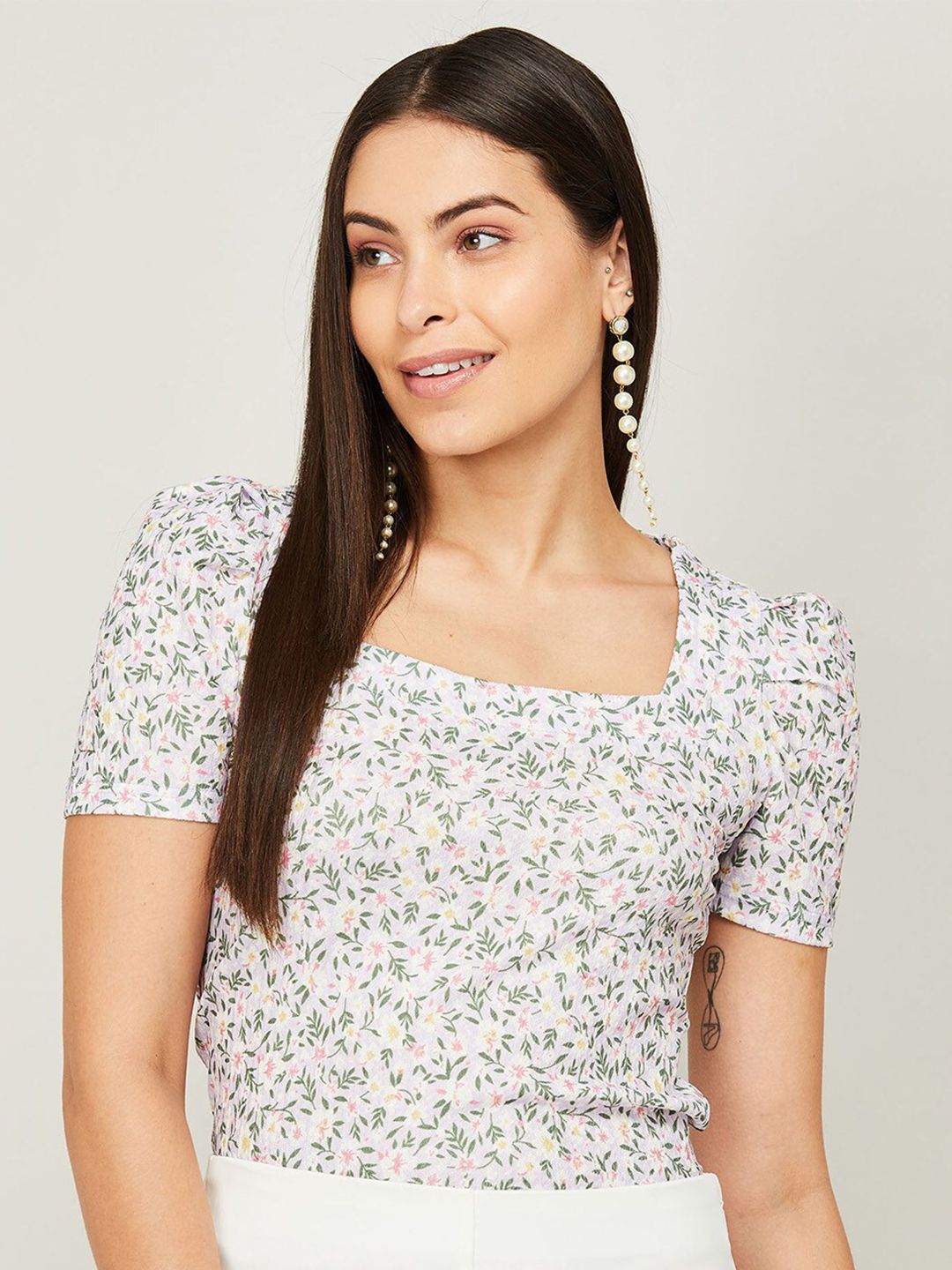 CODE by Lifestyle Off White & Green Floral Print Top Price in India