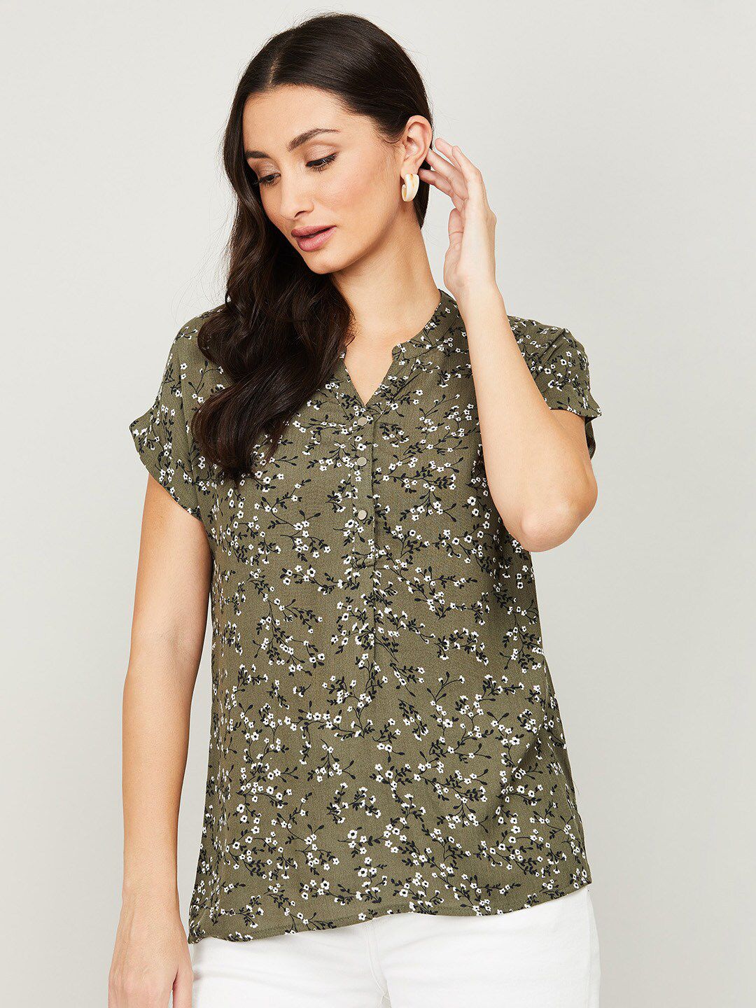 Fame Forever by Lifestyle Olive Green Floral Print Mandarin Collar Shirt Style Top Price in India