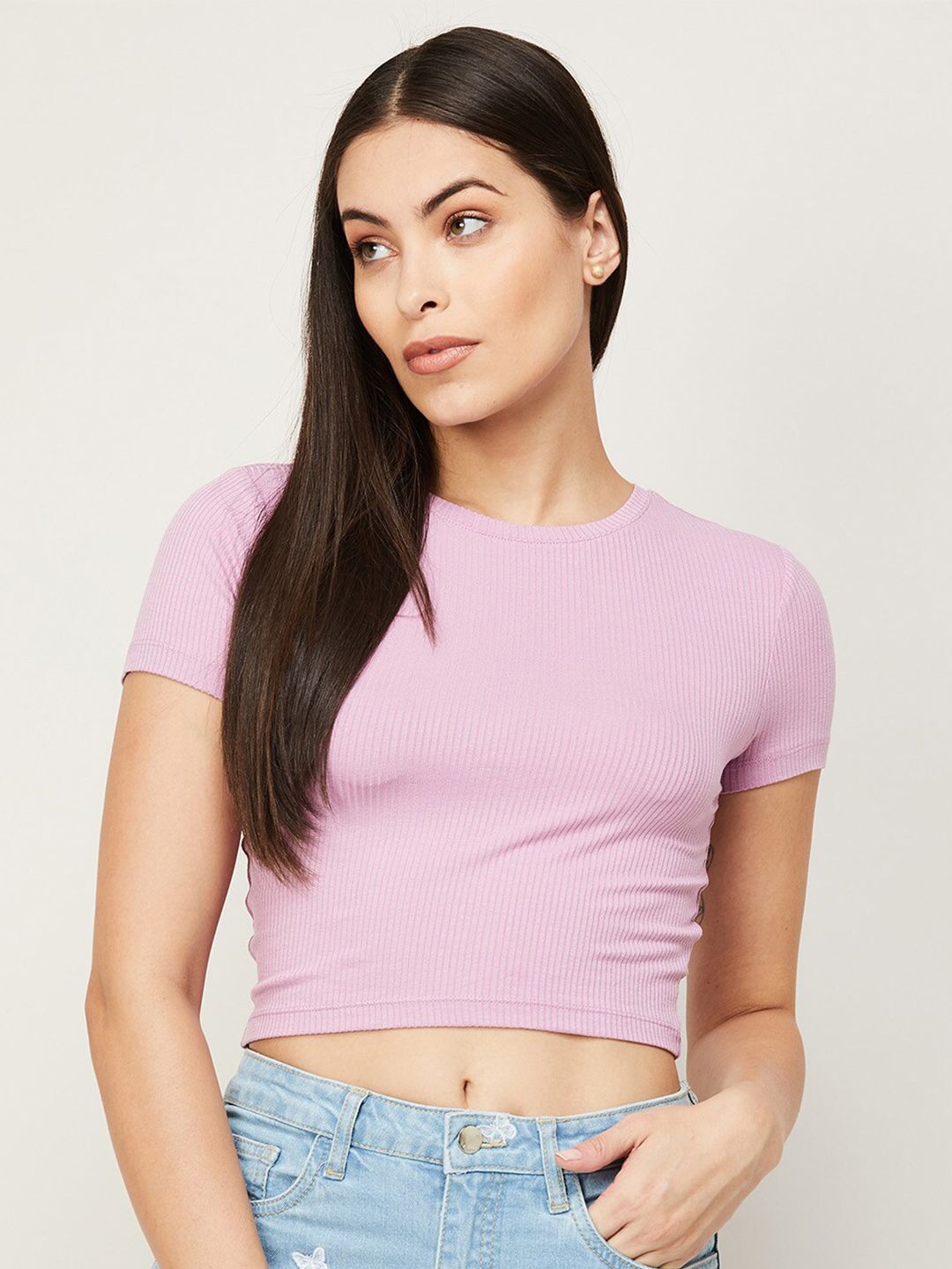 Ginger by Lifestyle WOMEN Mauve Striped Crop Top Price in India