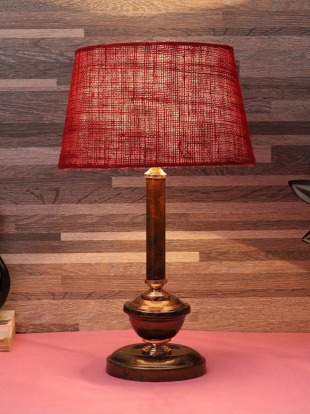 foziq Coffee Brown & Maroon Textured Table Lamp Price in India