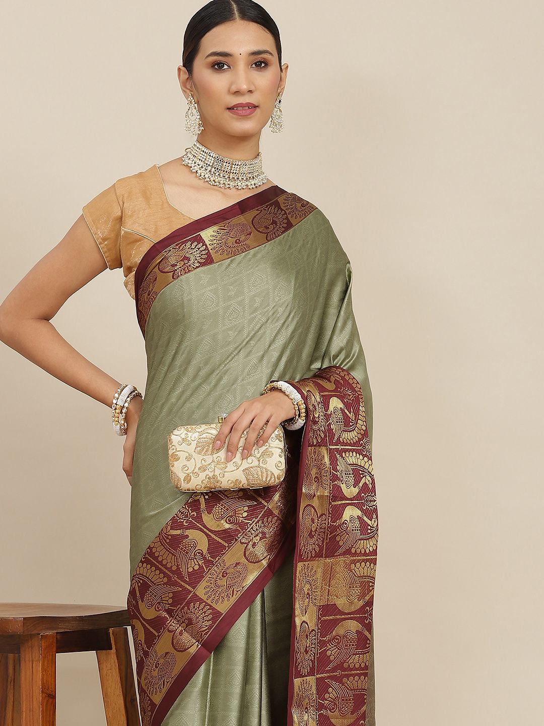 Ishin Green & Maroon Ethnic Motifs Zari Banarasi Saree Price in India