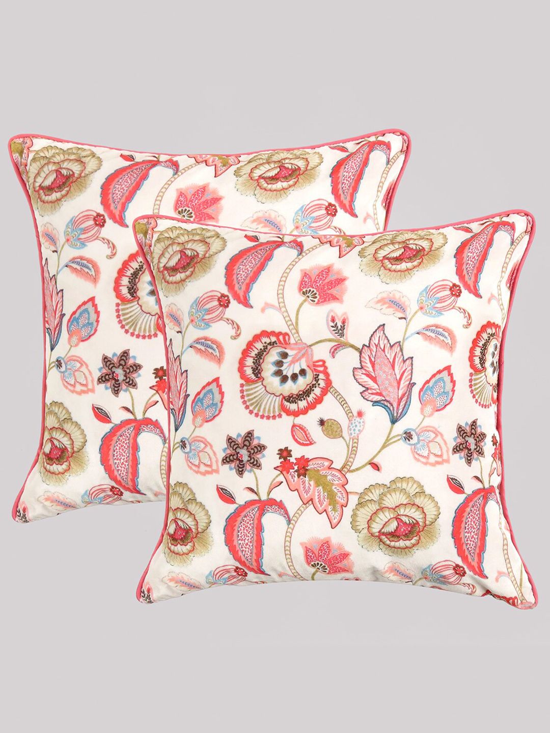 OUSSUM White & Pink Pack of 2 Floral Velvet Square Cushion Covers Price in India