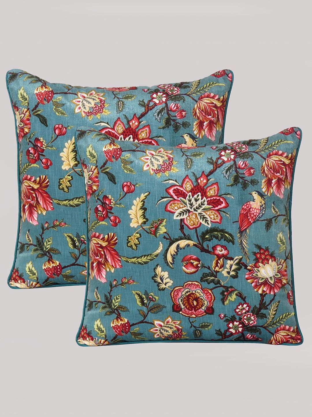 OUSSUM Set of 2 Blue & Red Floral Velvet Square Cushion Covers Price in India