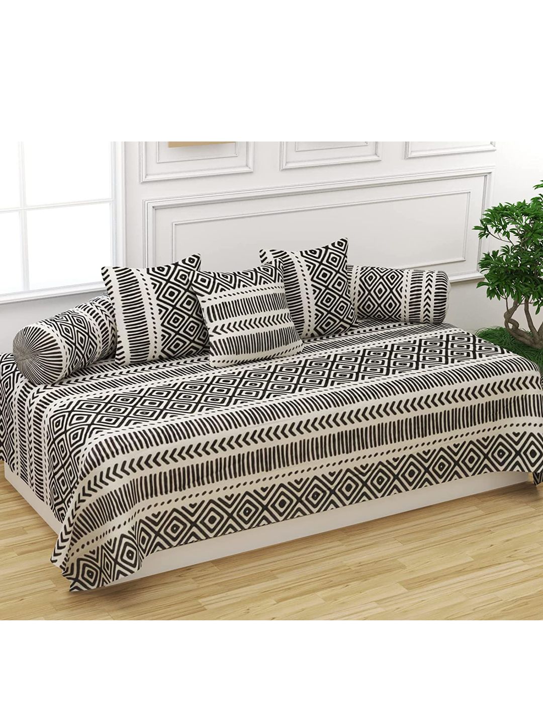 Trance Home Linen Black 6 Geometric Printed Cotton Diwan Set With Cushion & Bolster Covers Price in India