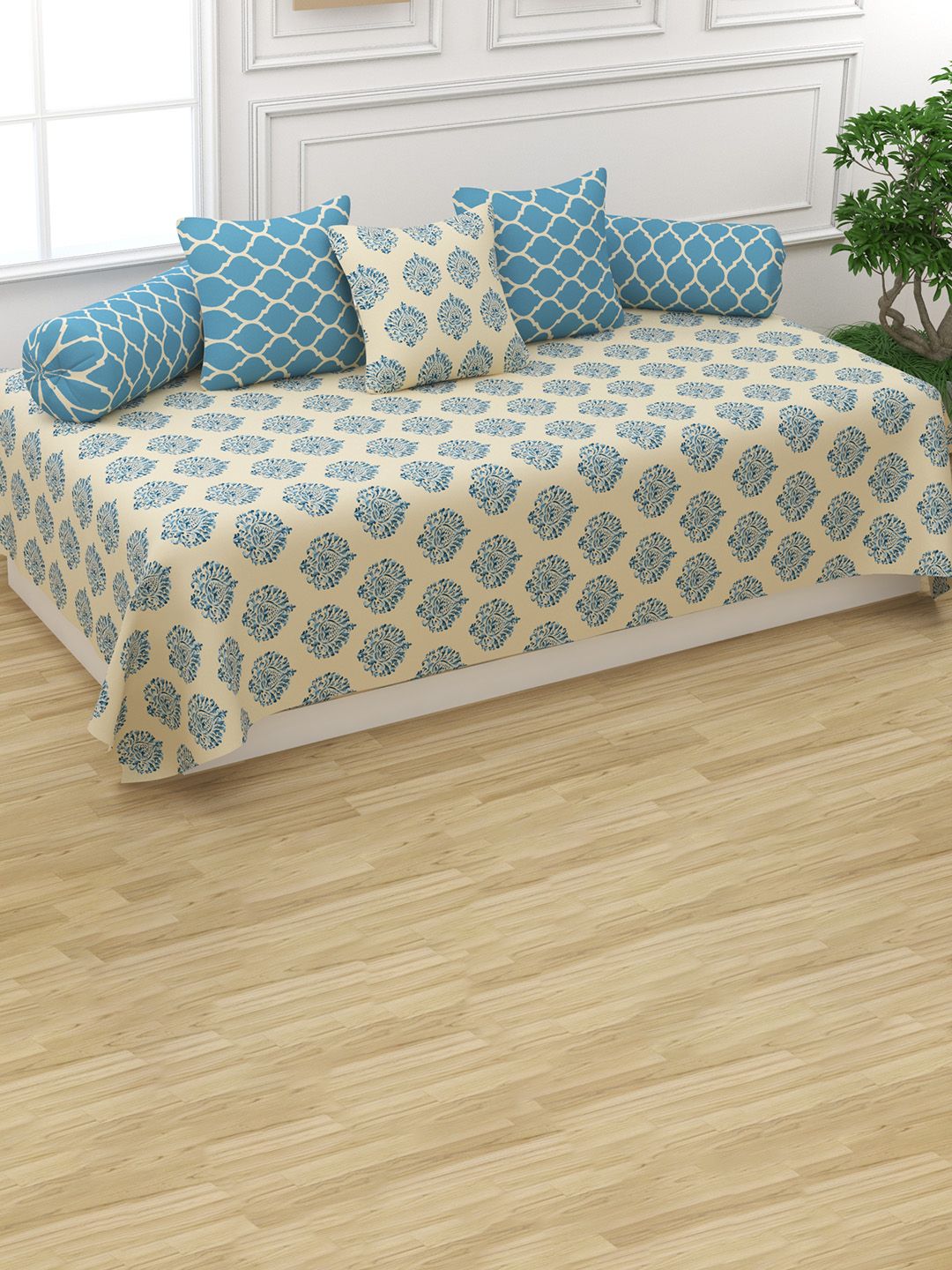 Trance Home Linen Set Of 6 Blue Ethnic Motif Printed Pure Cotton 200 TC Diwan Set